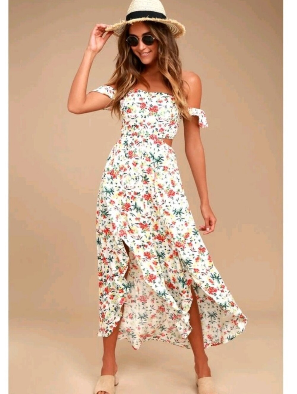 Lush Red Yellow Floral Strapless Off The Shoulder Smocked Maxi Dress Size Small